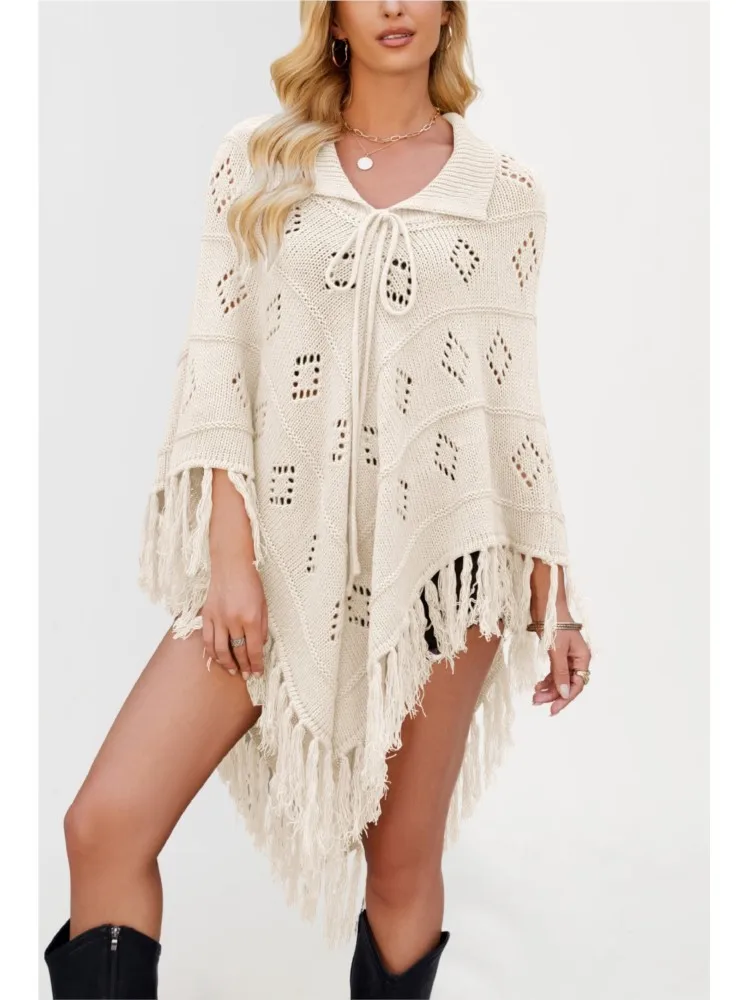 

2025 Autumn And Winter Fashion Shawl Tassel Knitted Sweater Top Women's Elegant Lapel Hollow Tie Pullover Long-sleeved Sweater