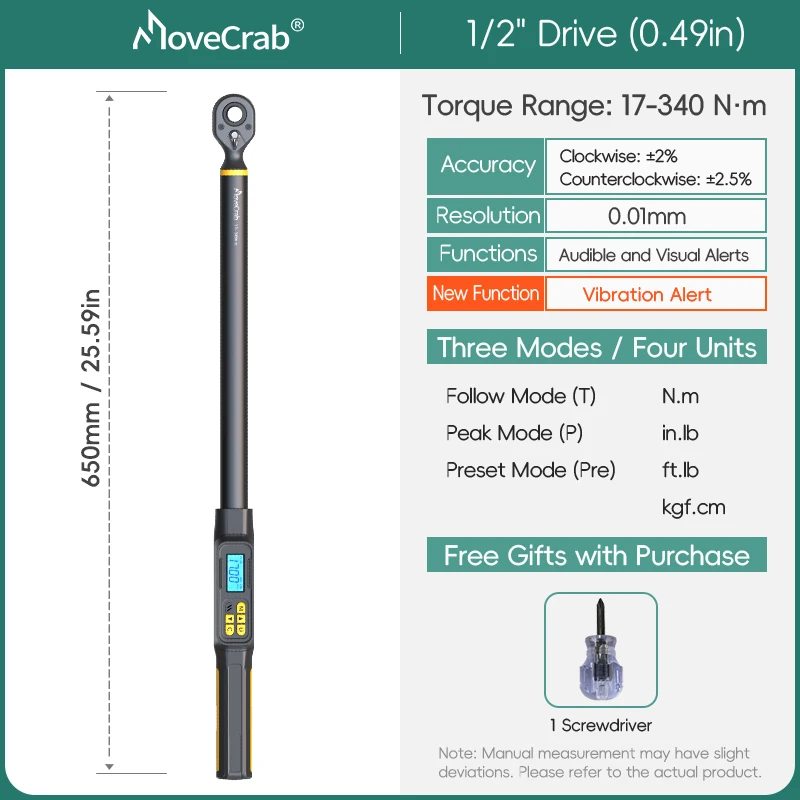 MOVECRAB Serie Digitale Momentsleutel 1,5-340N.m 2% Nauwkeurigheid Voorgeprogrammeerde Waarden met Zoemer, LED-flits & Trillingsmelding op de handgreep