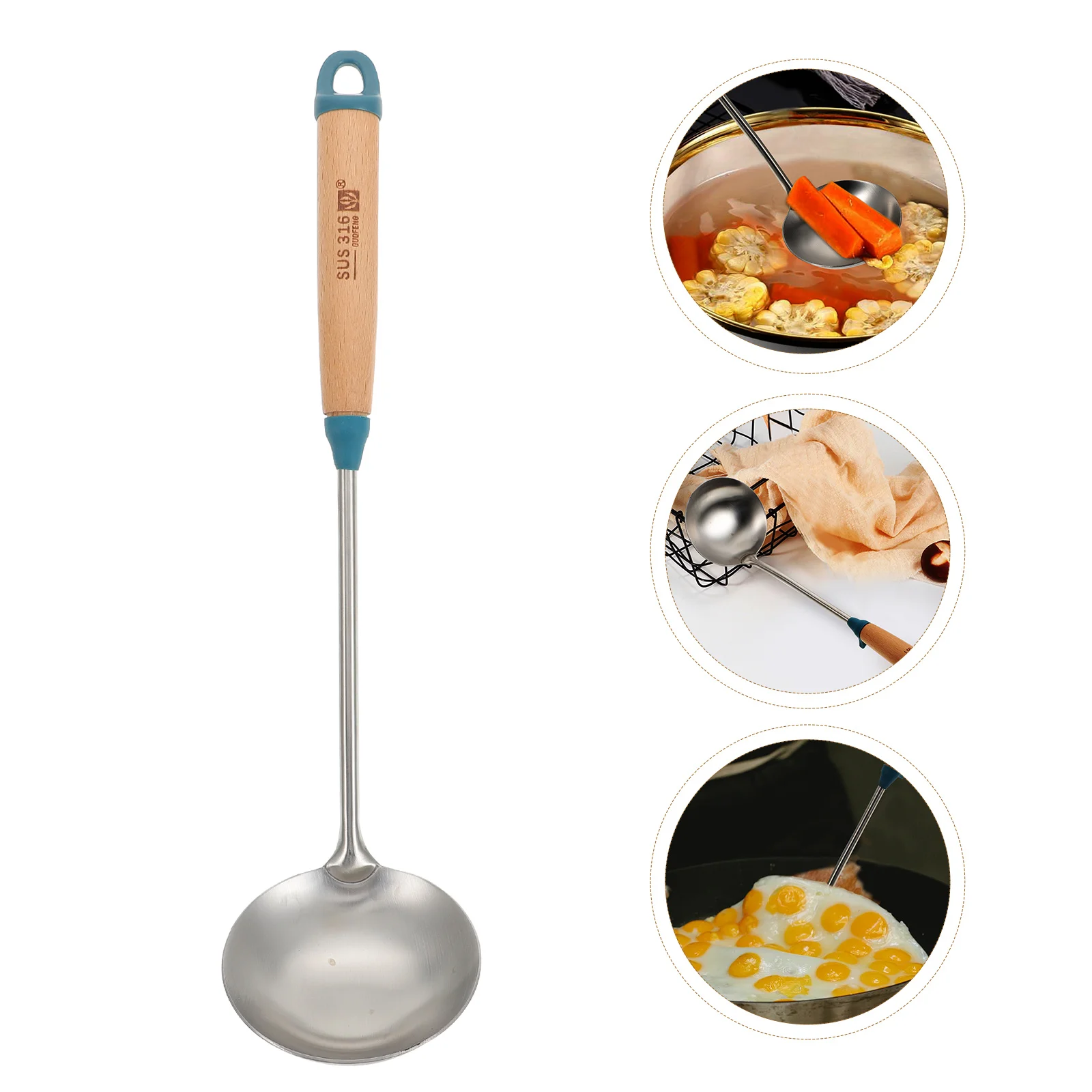

Stainless Steel Soup Spoon Kitchen Utensils Set Long Handle Heat Resistant Wood Handle Corrosion Resistant