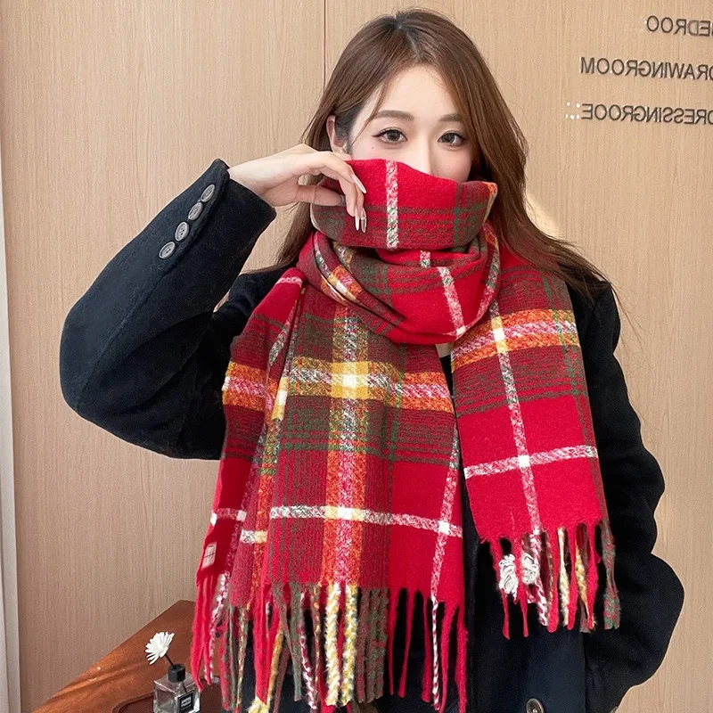 Korean Style Autumn And Winter Red Plaid Fashion Shawl Thickened Warm Blue Shopping Party Niche Christmas Red Scarf Holiday Gift