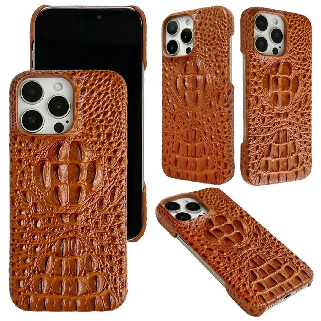 

Genuine Cowhide Leather Phone Case for iPhone 16 15 Pro Max 14 16Pro 15Pro 3D Crocodile Alligator Skull Pattern Armor Back Cover