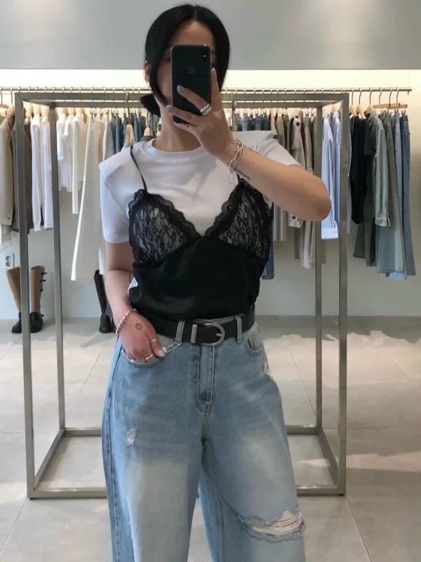 Design Sensation Lace Splice Waist-Cinching Short Sleeve Bloggers Piece Appearance Korean Style Women's Fashion Top