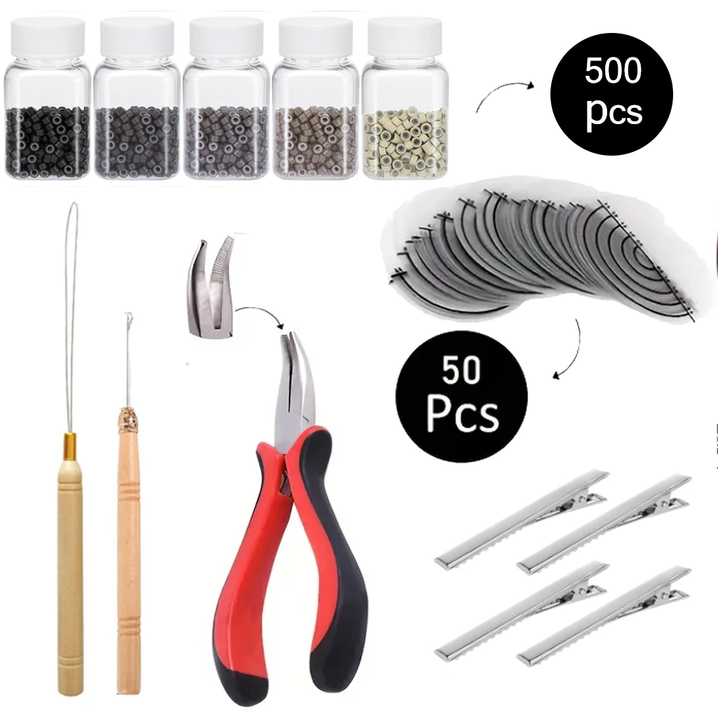 

500 силиконовых микрокольцевых инструментов для наращивания волос, набор кусачек для наращивания волос, штифты с микро-крючками, теплозащитные экраны, заколка для волос