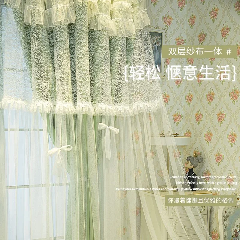Gorgeous Pink Lace Curtain with Bows Double Layer Curtain Sheer & Blackout, Princess Style Decor for Cozy Bedroom & Living Room