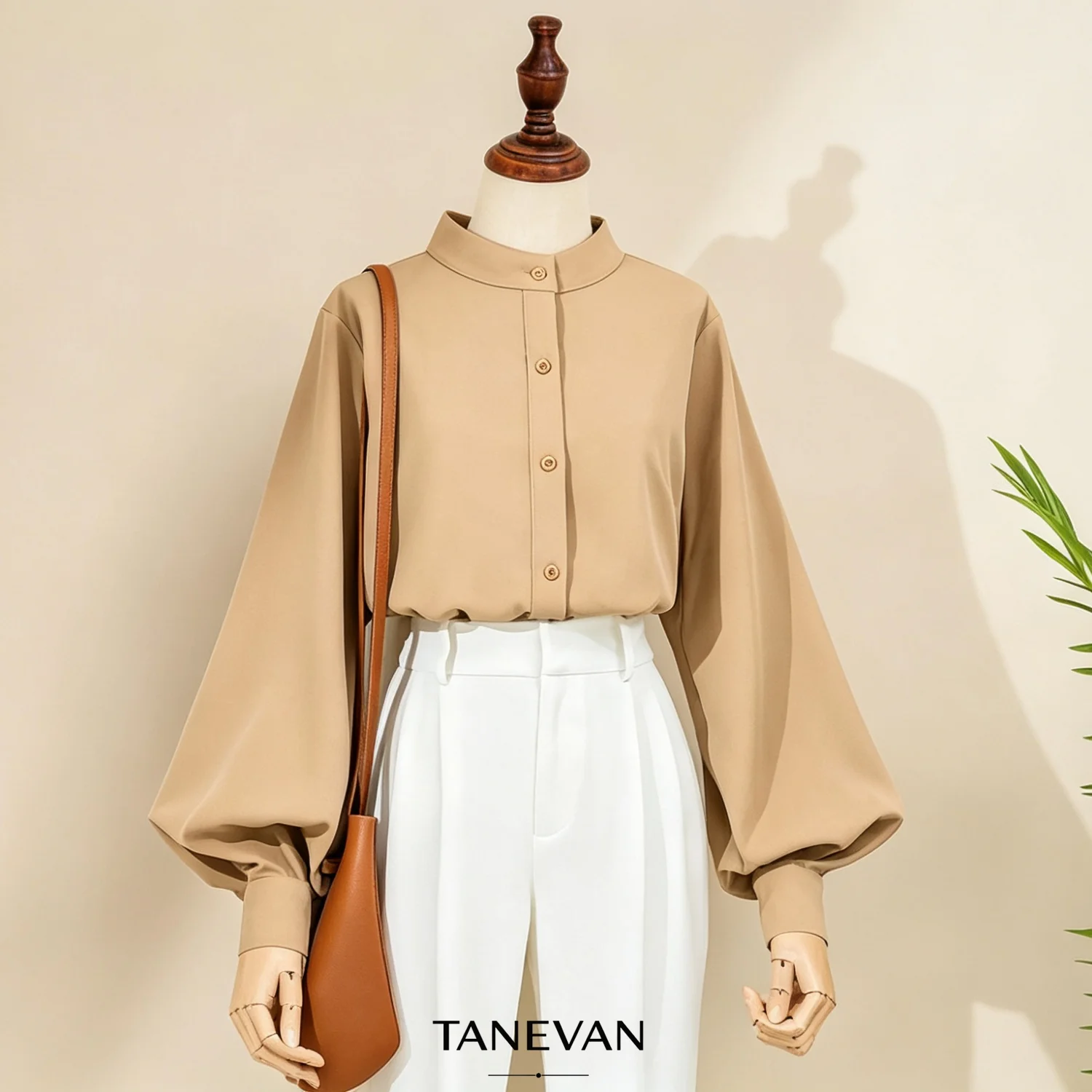 TANEVAN Women's Chic Lantern Sleeve Blouse Casual Loose Fit Stand Collar Top Korean-inspired Elegant Shirt No elastic