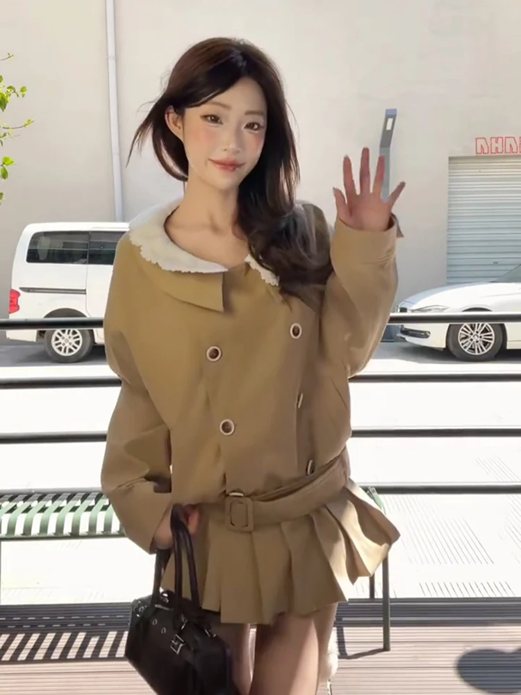 카키 레트로 더블 브레스티드 코트 재킷 여성용 가을 2025 신상 돌칼라 스플라이싱 벨트 숏 코트 한국 스타일 스트레이트 튜브