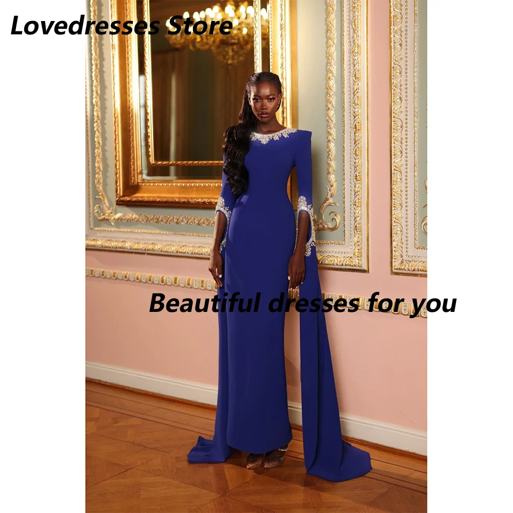 

Luxury Evening Dress Customized Crystal Beads Scoop-Neck Long Sleeves Straight Party Dresses Jersey Saudi Arab Prom Gown