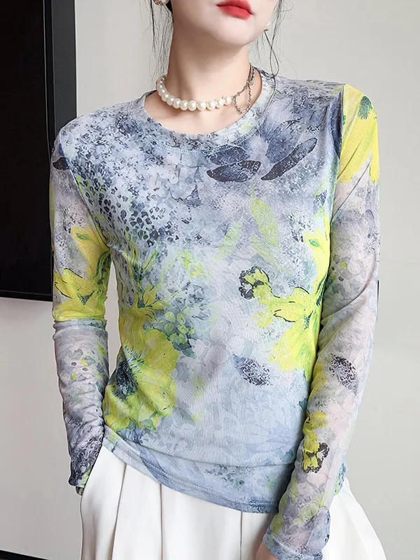Fashionable round Neck Slimming Print Blouse Women's Mesh Top Simple Gradient Design Sensation Net Shirt Autumn Winter New Ar...