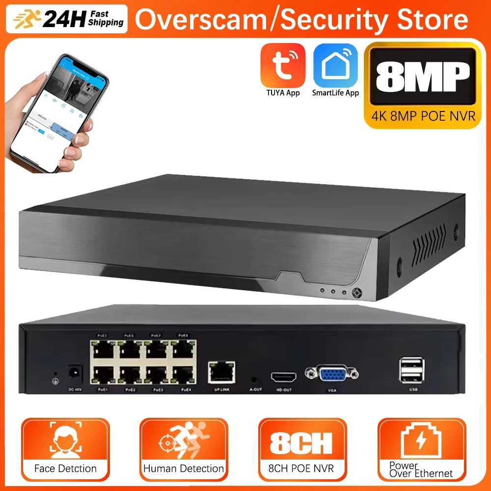 

Видеорегистратор Smart Life 4K 8MP HD 8-канальный POE NVR H.265, система видеонаблюдения Tuya CCTV, сетевой видеорегистратор для систем безопасности