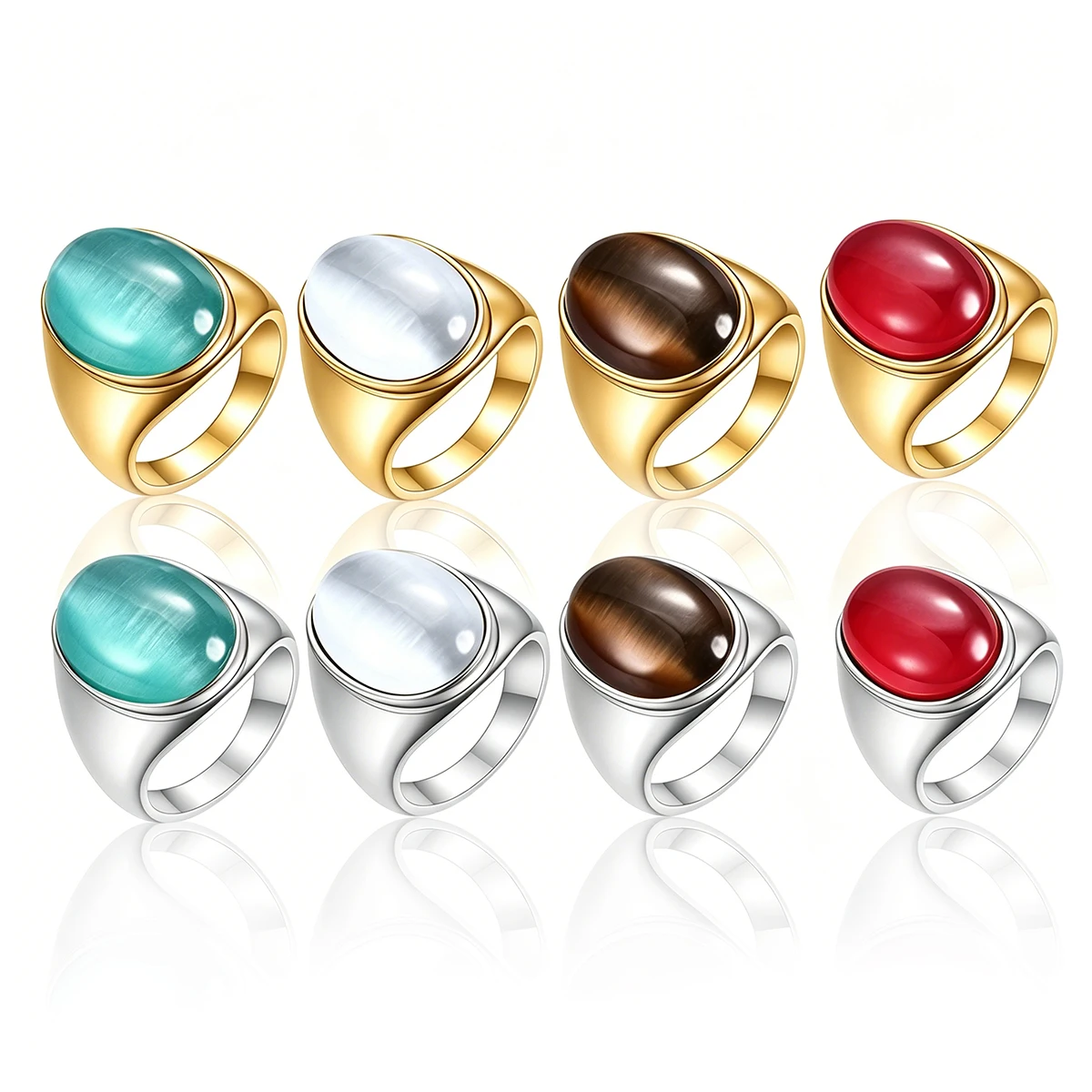 Ovaler Katzenauge-Stein Edelstahlring Gold Silber Plattiert Mehrfarbiger Statement-Ring für Damen und Herren – Detail 1