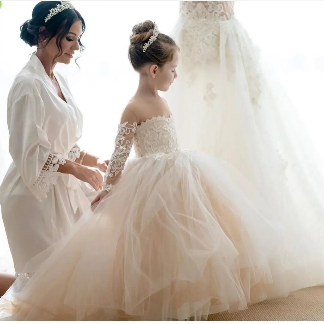 Vestido de dama de honor blanco para niñas, vestidos de niña de flores, vestido de baile para niños, fiesta de boda, desfile, vestido de primera comunión, lazo grande, mangas largas