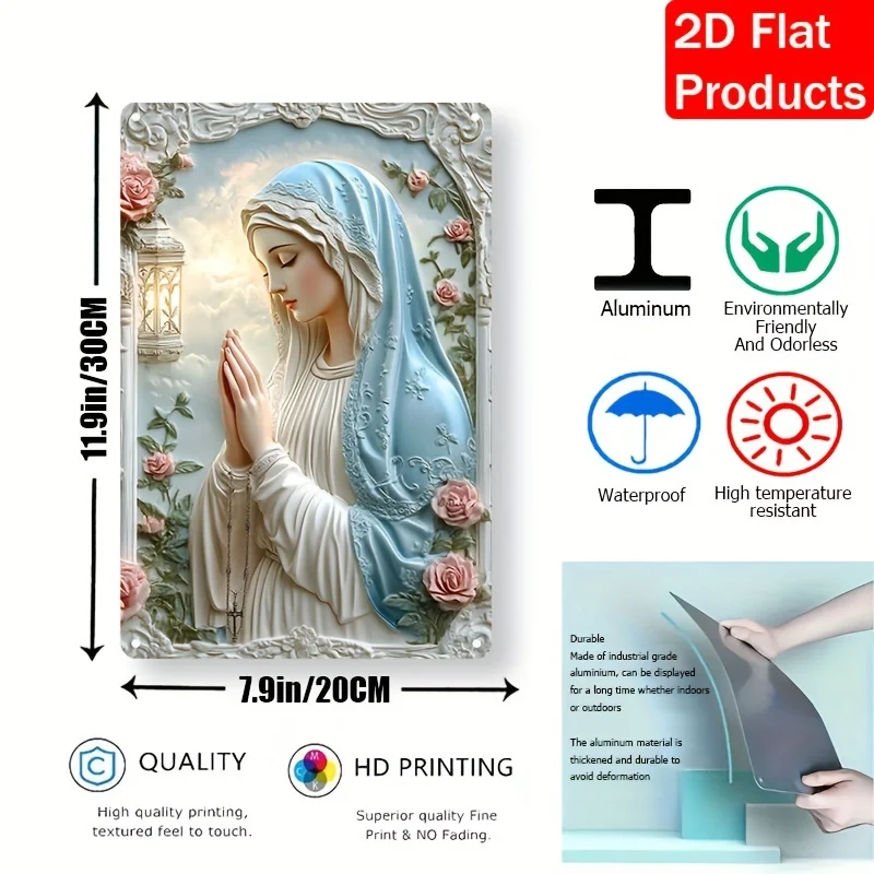Contemporary Religious Aluminum Wall Art Plaque, 2D Virgin Mary Sign