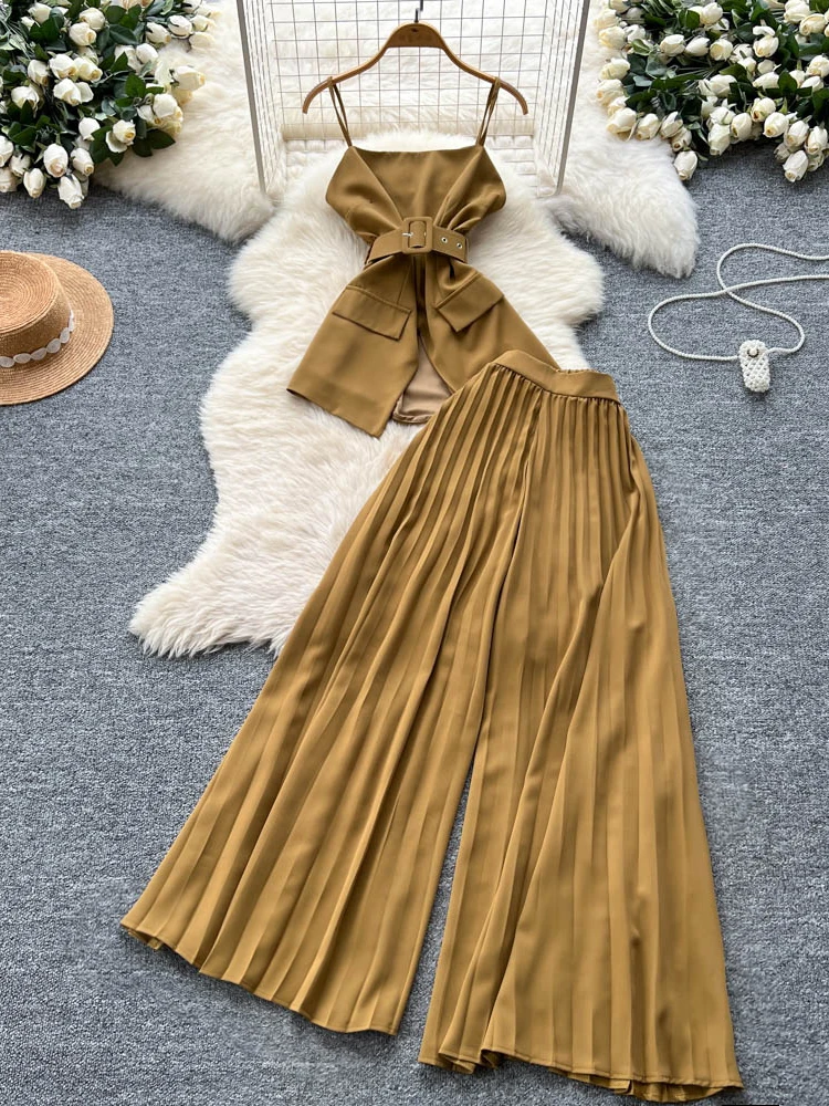 ชุดเซ็ตเสื้อครอปผูกเอวและกางเกงขายาวเอวสูงทรงหลวมสำหรับผู้หญิง สไตล์ลำลองแฟชั่น คอลเลคชั่นฤดูร้อน 2025