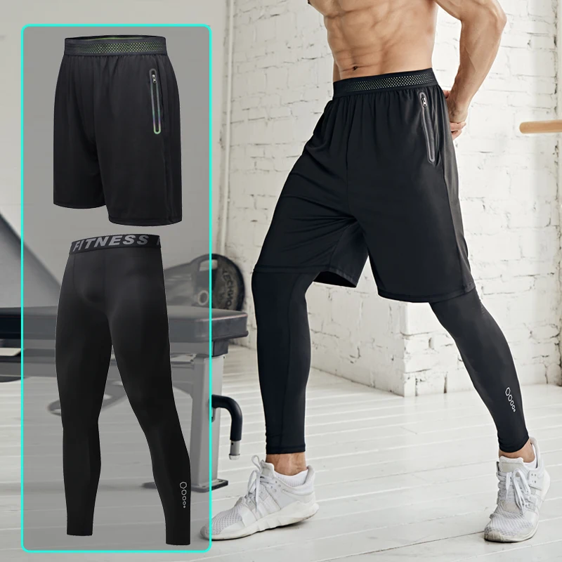 Men's 2-piece set shorts base pants black basketball training pants loose breathable sweat-absorbing running fitness pants.