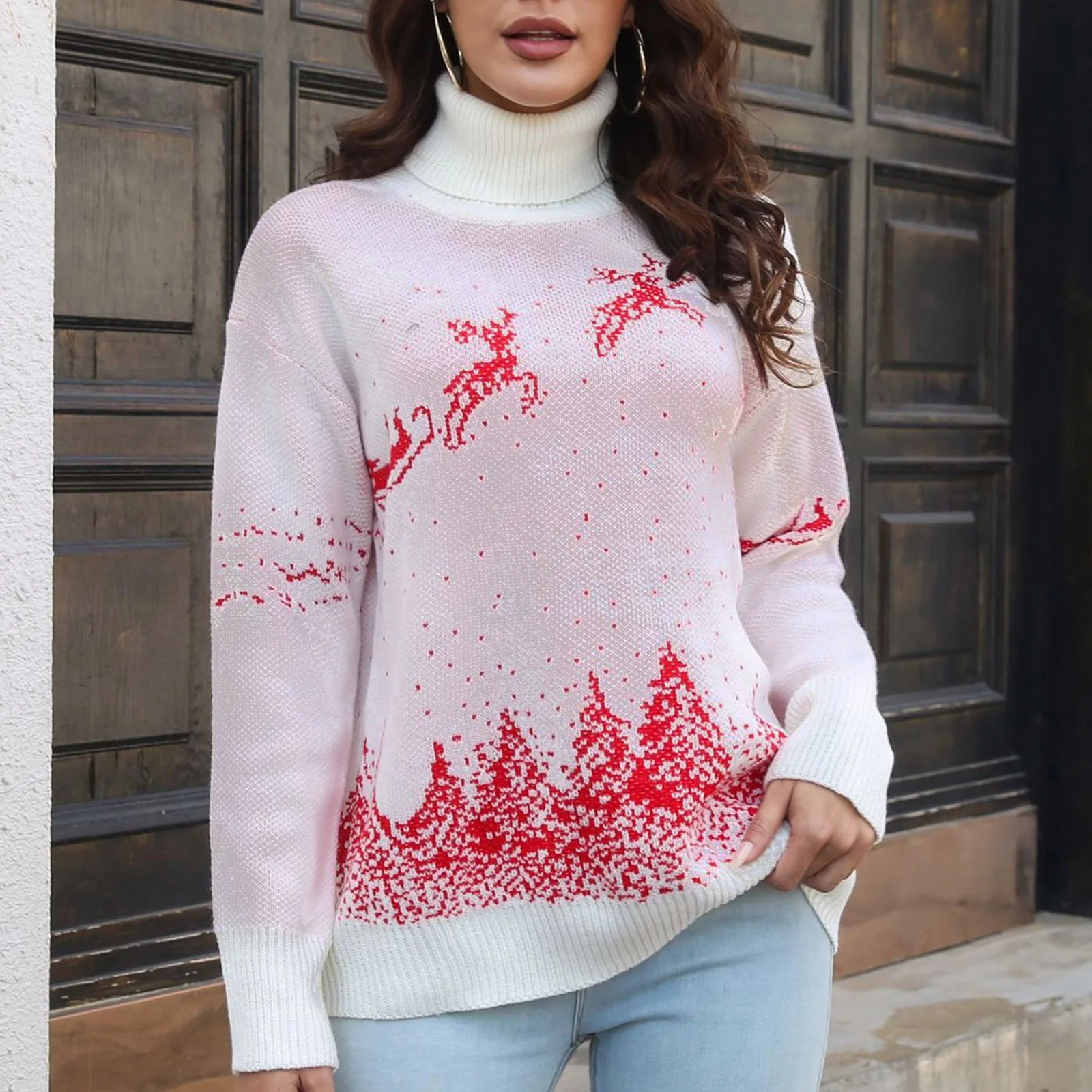 

Christmas Cartoon Jacquard Sweater Women'S Autumn And Winter Turtleneck Long Sleeve Pullover Knitwear Christmas Sweater