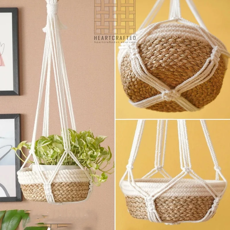 BLANC ateur de couleurs Boho Macramé porte-plante tissé à la main 100% coton tissé Baske cintre conflicBasket pour plantes d\'intérieur bonsaï