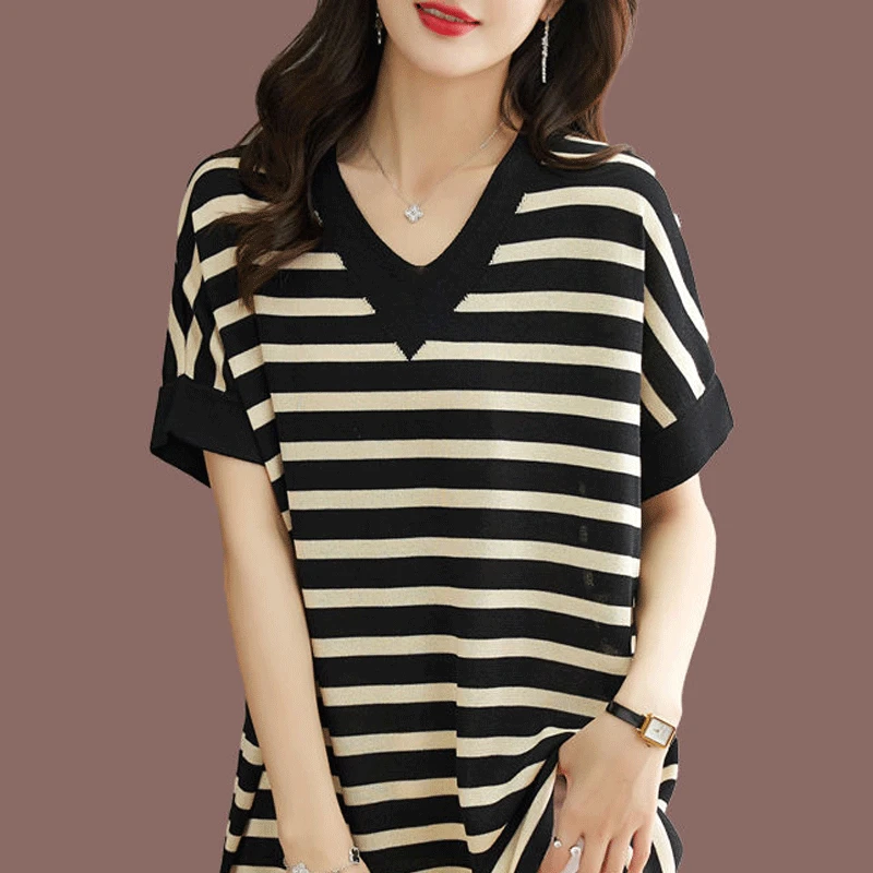 

Women's Clothing Short Sleeve V-neck Knitting Loose Printing Striped Casual Korean Summer Thin Simplicity Office Lady T-Shirts