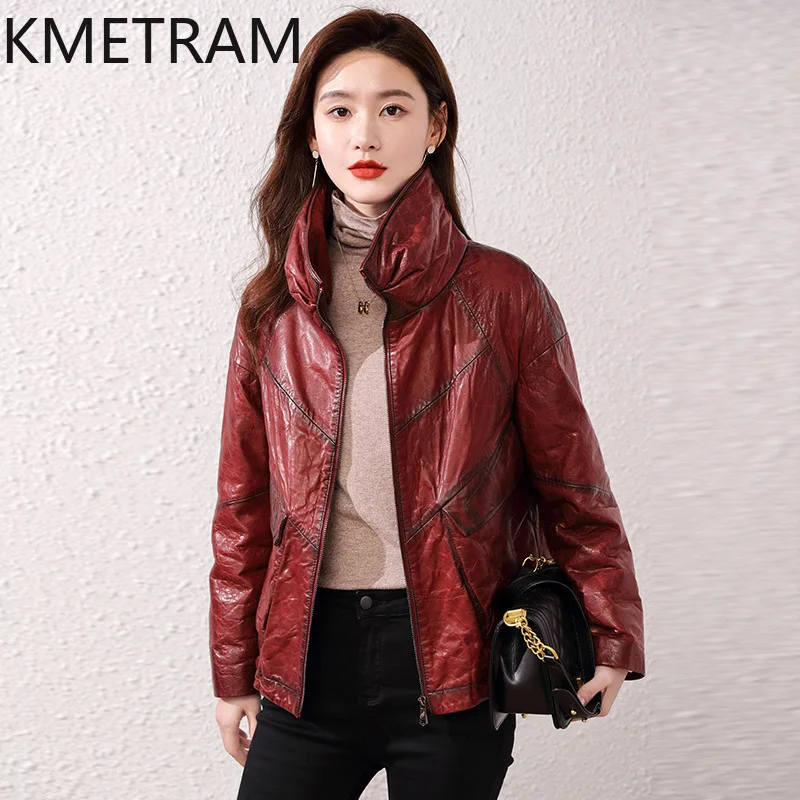 100% Sheepskin Genuine Leather Puffer Jacket Women Clothing Vintage Burgundy Down Coats Winter Stand Collar Jackets пуховик