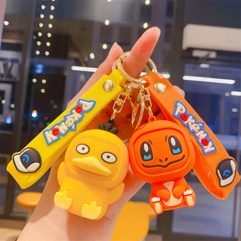 Cartoon Anime Pikachu Car Keychain Action Figure Pikachu Bulbasaur Eevee Q Version Key Chain Silicone Doll Pendant Kids Gift