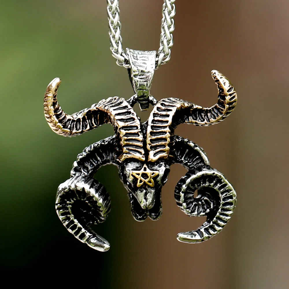 New Creative Design Stainless Steel Sheep's head Pendant Satan God Label Runes Vintage Retro Jewelry Gift For Men free shipping