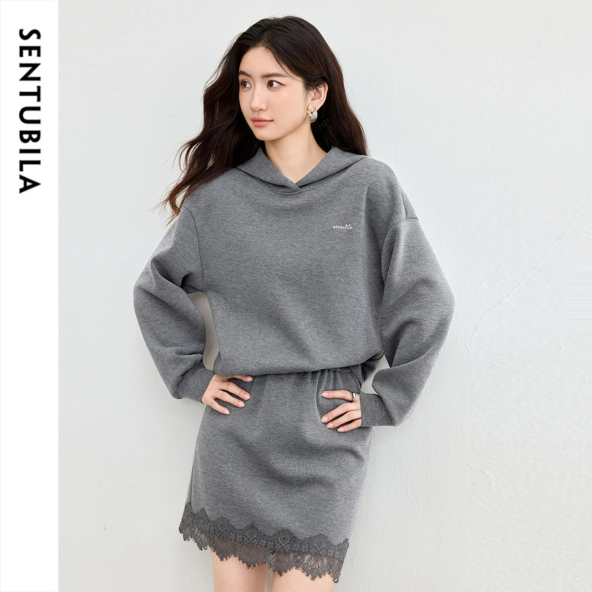 

SENTUBILA Women's 2 Piece Set Hooded Letter-Embroidered Sweatshirt A-Line Short Skirt 2026 Autumn Commute Clothing 161ZH6523X