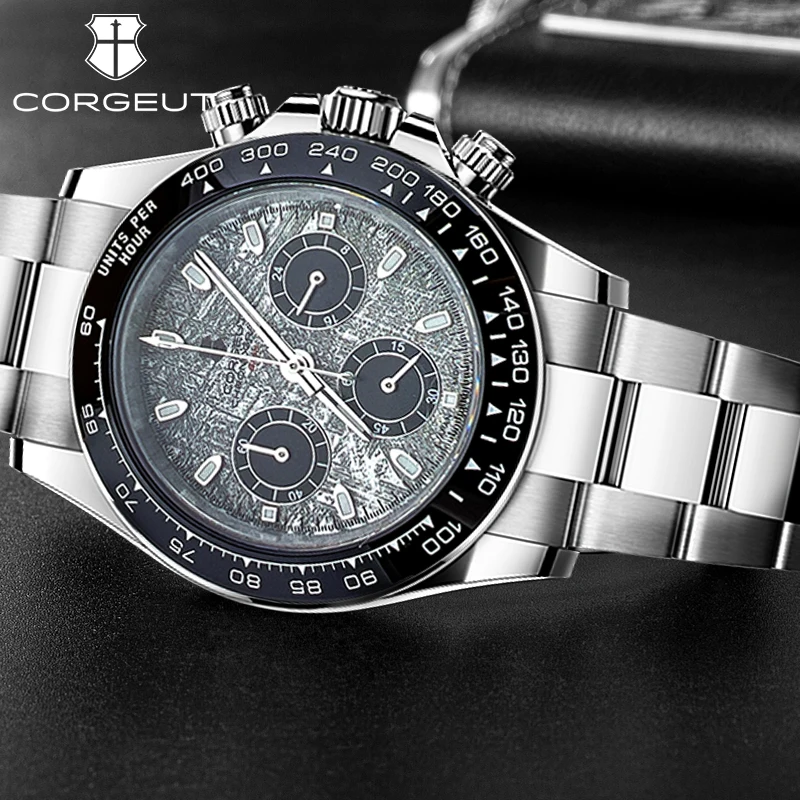 CORGEUT VK63 Steel High Luxury Sports Mens Watch Sapphire Flat Mirror Quartz Movement Time Running Second Watch for Man