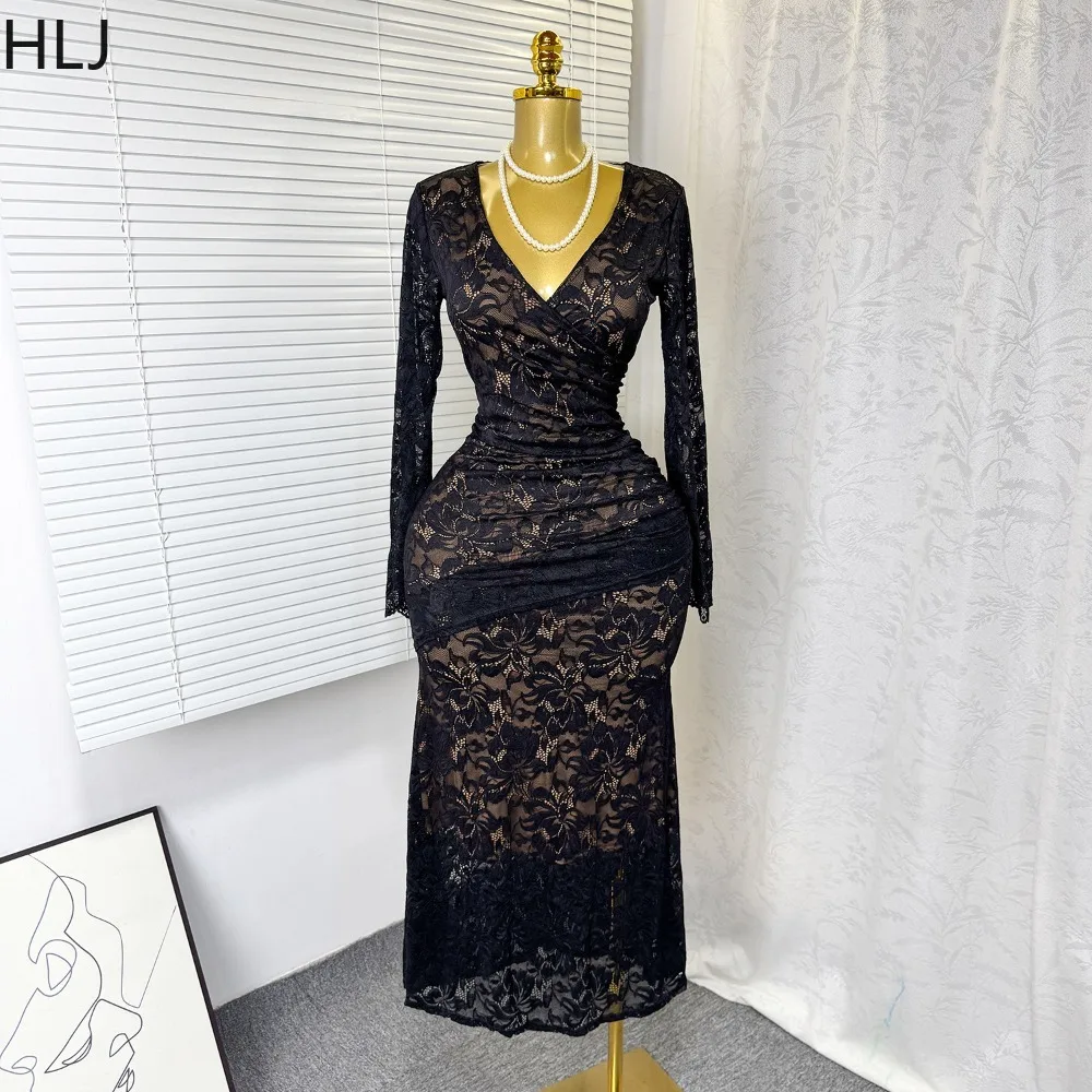 เดรสทรงบอดี้คอนผ้าลูกไม้สไตล์ฝรั่งเศส HLJ สำหรับผู้หญิง คอวีเว้า แขนยาว แฟชั่นสตรีทแวร์ รุ่นใหม่ ปี 2025