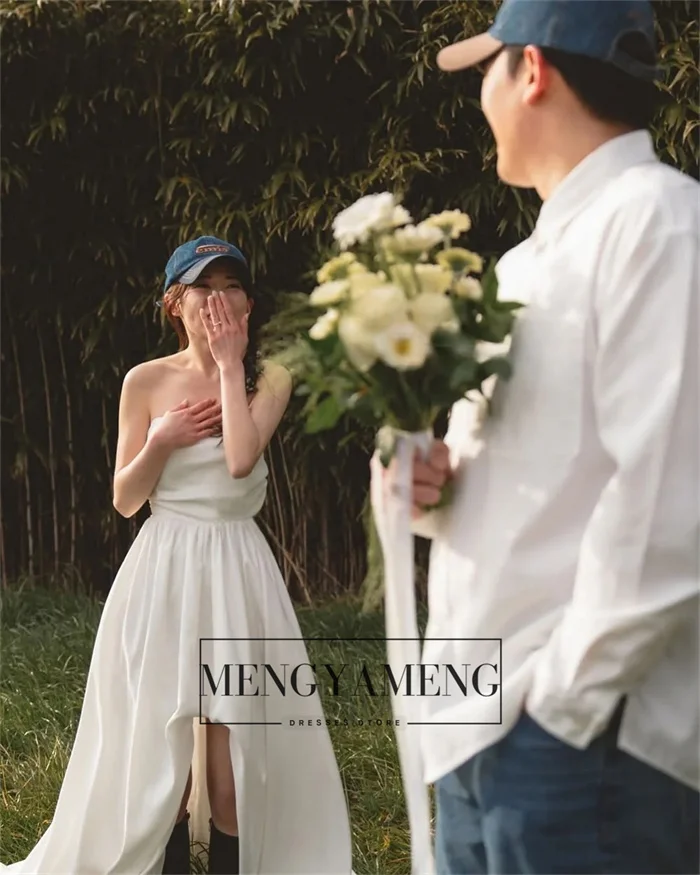 ZHUISHU 우아한 새틴 웨딩 사진 촬영 드레스 스트랩리스 한국 신부 드레스 앞이 짧고 뒤가 긴 코르셋 웨딩드레스 맞춤 제작