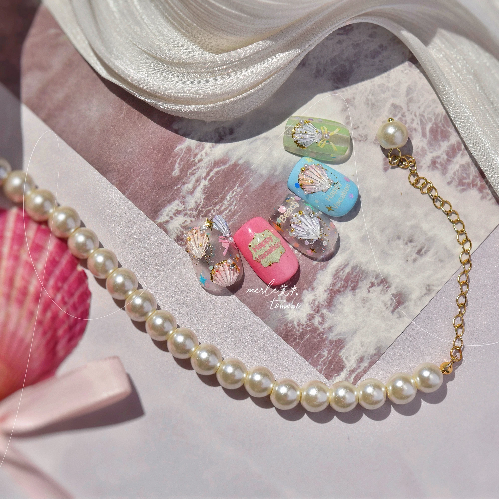 Autocollants 5D pour Nail Art, 1 pièce, stickers d'été, bleu océan, coquille, perle, pour manucure, DlY, N64.