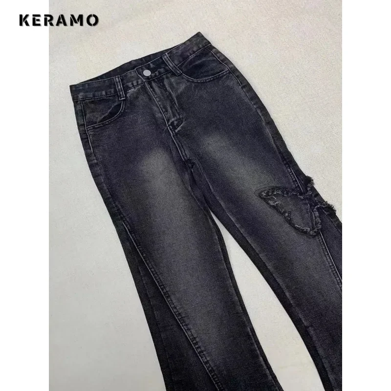 2024 Winter Harajuku Scheide hohe Taille ausgestellte Jeans süße Schmetterling Retro Y2k Hosen Damen Vintage schlanke Street Denim Hose