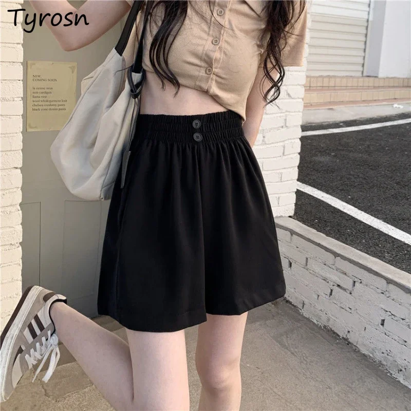 

High Waist Shorts Women Korean Style Simple Breathable Leisure Trendy Loose Summer All-match Solid Black Students Running Ladies