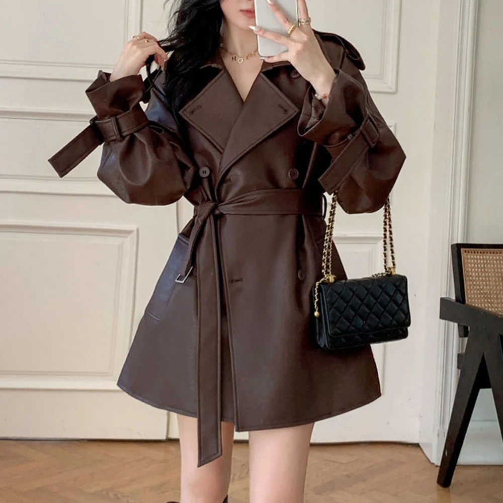 Women Leather Jacket with Belt 2025 New Korean Edition Fashion PU Leather Single Breaste Autumn Leather Windbreaker Brown Coat