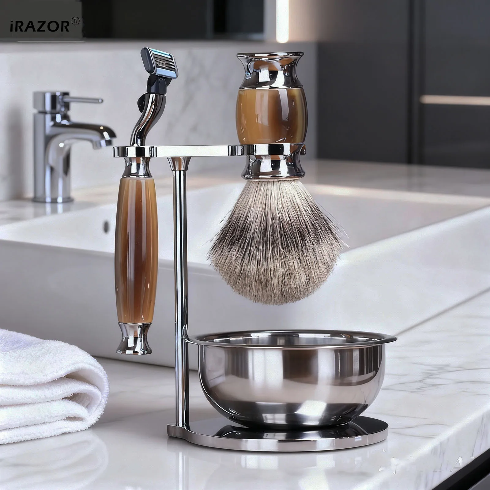 

iRAZOR Luxury Mach 3 Men's Shaving Kit Wet Silvertip Badger Hair Brush And Bowl Set Perfect Christmas Birthday Father's Day Gift
