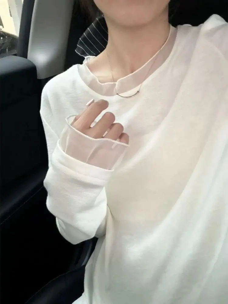Elegant Splice Long Sleeve T-Shirt Women's Base Shirt round Neck Slimming Inner Wear Spring 2026 Comfortable Breathable Korea...