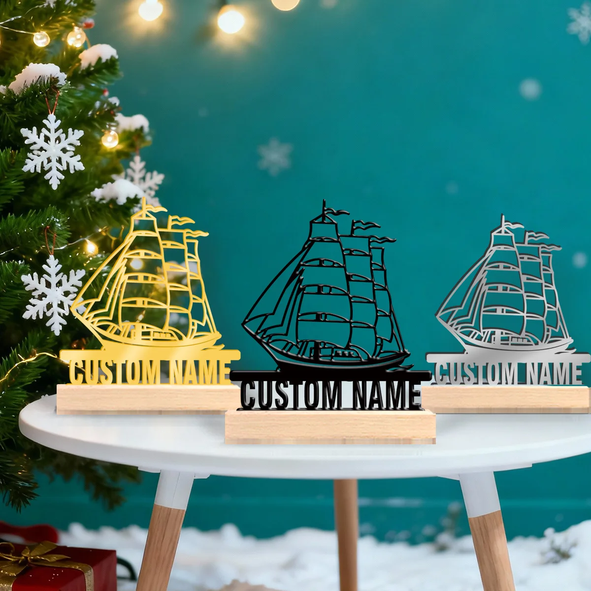 1pc Metal Desktop Decoration Customizable Content Equipped with A Wooden Base Bar Decoration, Holiday Gifts