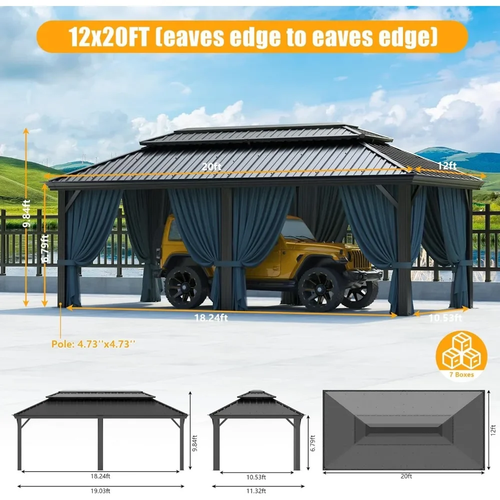 12x20ft Hardtop Gazebo  with Galvanized Steel Double Roof,  Gazebo with Netting and Curtains, Aluminum Frame Outdoor Gazebo