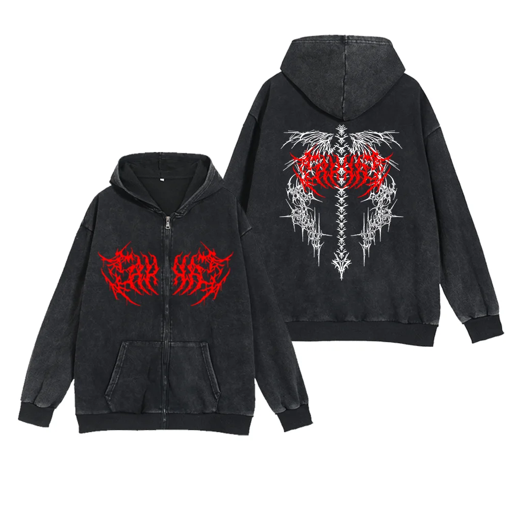 

Vintage Washed and Distressed Men's Zip-Up Hooded Jacket with a Stylish Thorn Wing Print Design Autumn Casual Cotton Outerwear