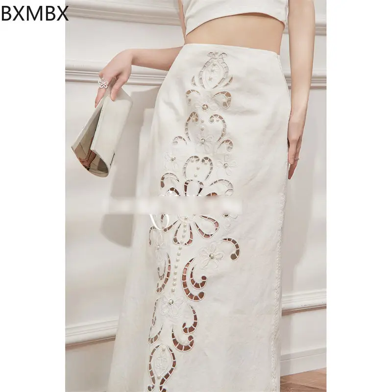 New Chinese skirt  embroidery hollow design sense niche high waist elegant niche Chinese style long skirt