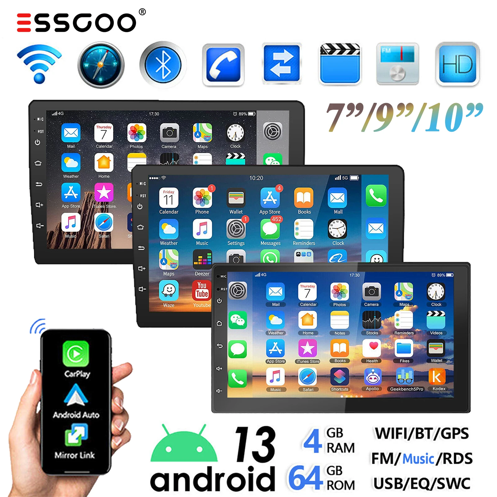 ESSGOO 7 "/9"/10 2 DIN Android 13 4 + 64G سيارة ستيريو سيارة أندرويد أتوماتيكية لتحديد المواقع والملاحة بلوتوث FM RDS راديو واي فاي شاشة تعمل باللمس