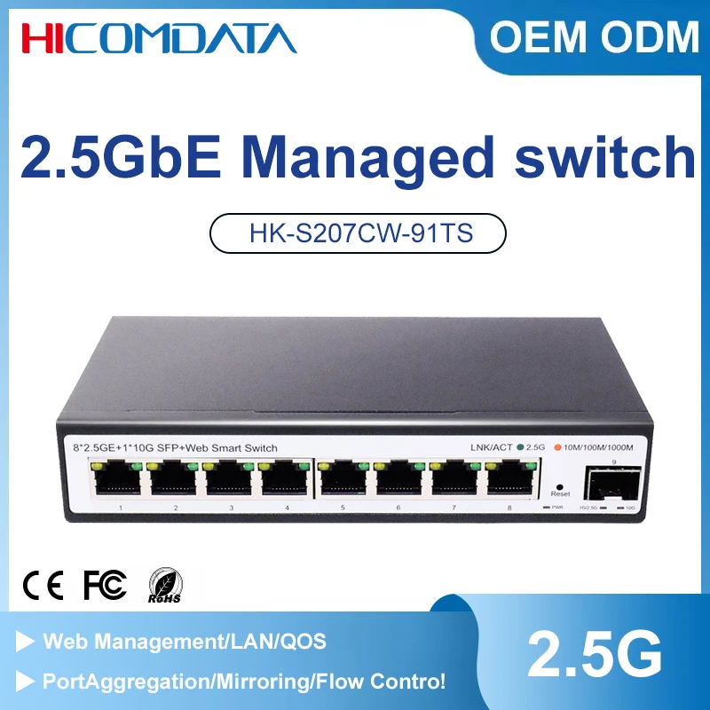 HICOMDATA 2.5GbE Managed Switch 8 Port 2.5GBASE-T Network Switcher 10G SFP+ Slot Uplink Web Managed Hub Internet Switch