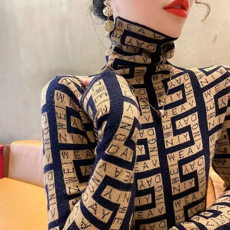 Women Clothing Fashion Vintage Jumper Autumn Winter New Slim Wool Knitted Pullovers Y2k Letter Jacquard Turtleneck Sweaters