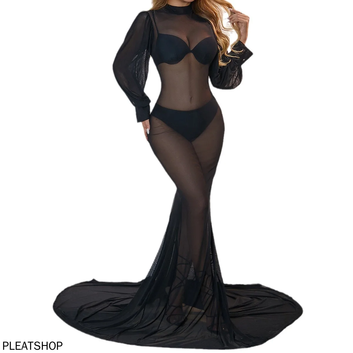 Elegante avondjurk met ronde hals en lange mouwen voor dames sexy nette jurk van vloerlengte voor Europese en Amerikaanse stijl in de lente/zomer