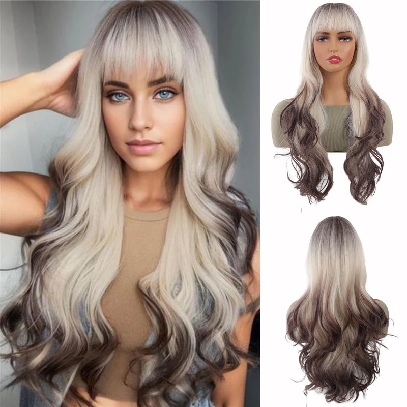 

Ombre Body Wave Wigs Synthetic Hair with Bangs Long Wavy Heat Resistant Fiber Cosplay Wig for Women 28 inch