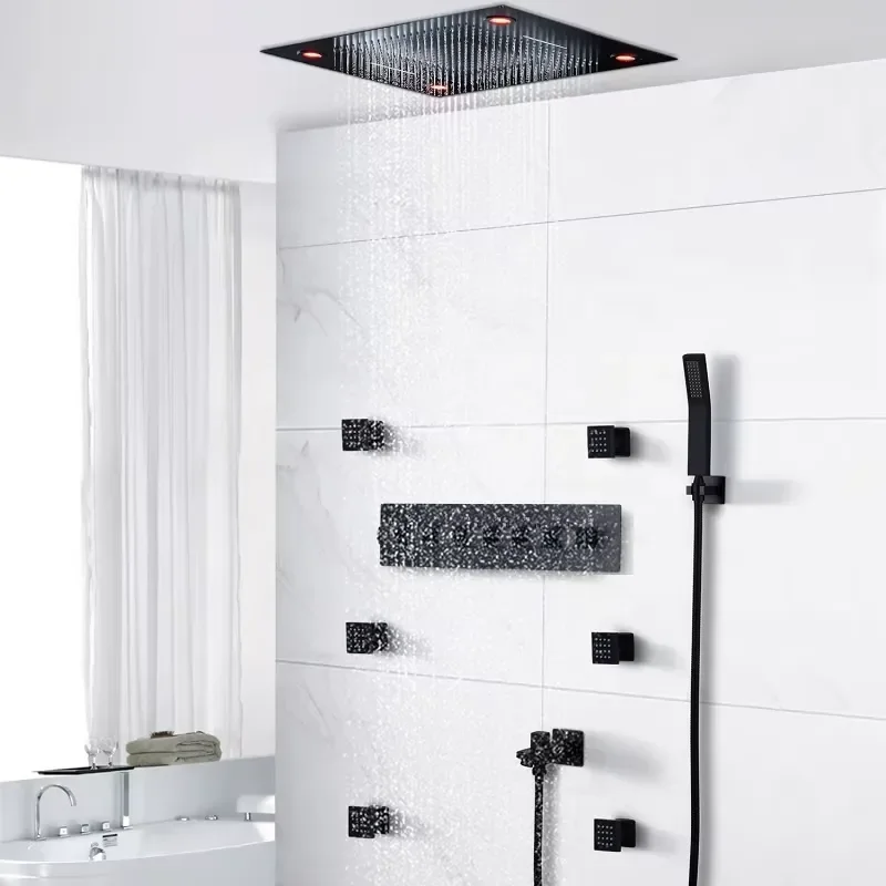 6 Functions High Pressure Bathroom Black Shower Faucets 600*600MM Waterfall LED Shower Panel Thermostatic Mixer Shower Head view 2