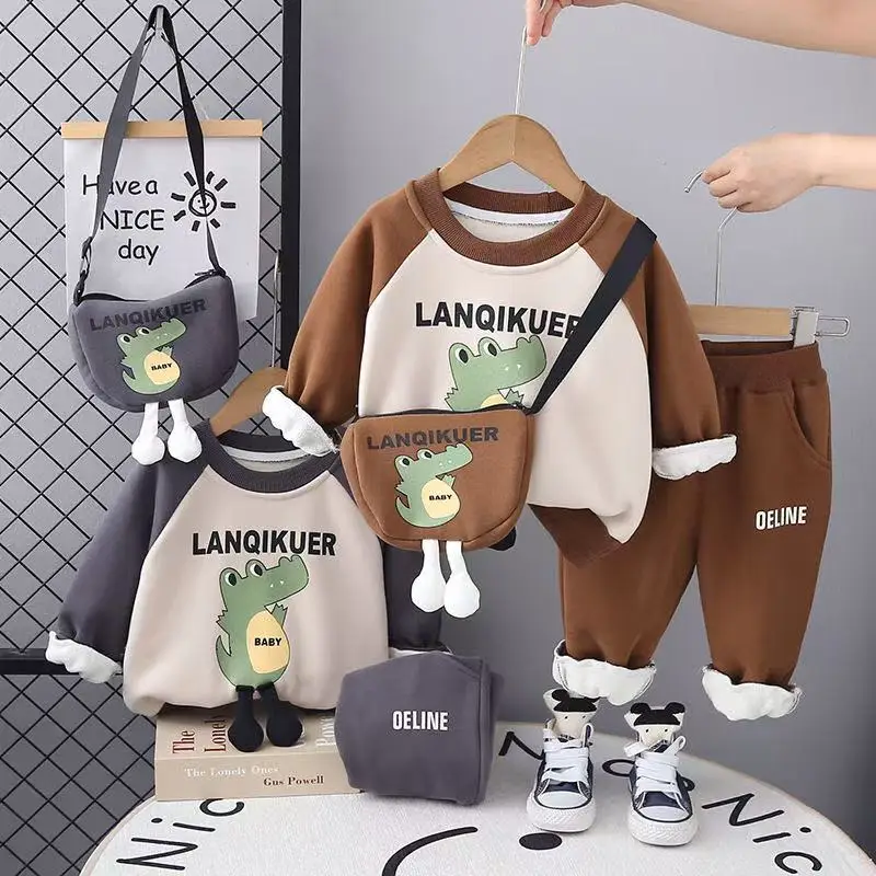 

2025 New Cotton Cartoon Dinosaur Print Long Sleeve Crew Neck Sweat Shirt With Letter Patchwork Sweatpants Kids Outfits