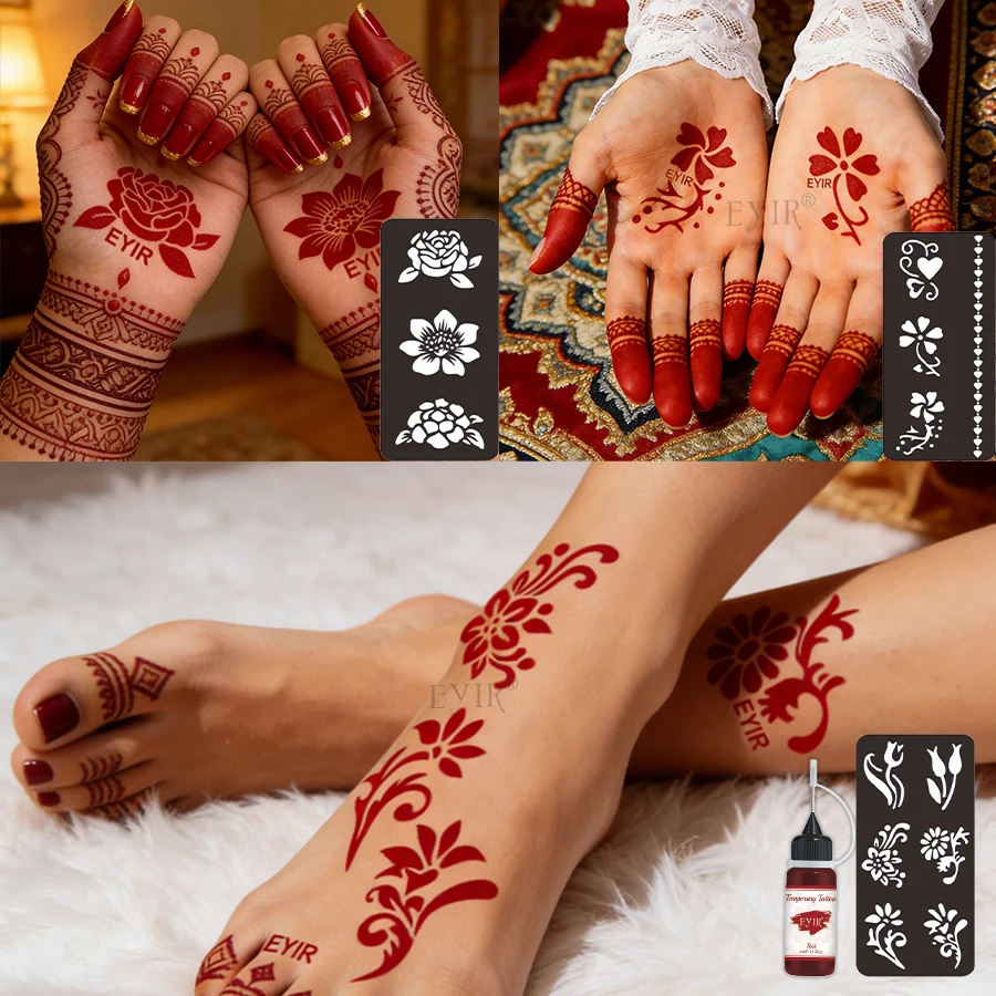 EYIR Temporary Henna Tattoo Kit 5 Colors Mehndi Ink with Reusable Stencil for Hand Body Art Festival Party DIY Design
