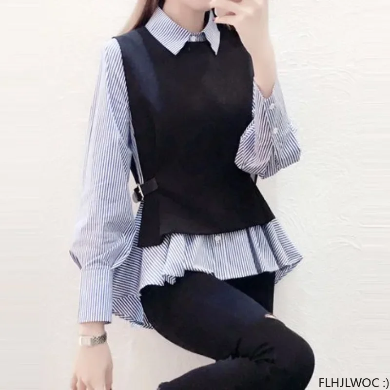 Cute Outfits New Design Chic Korea Fashion Women Long Sleeve Striped Shirts Vest Office Lady Peplum Ruffles Tops