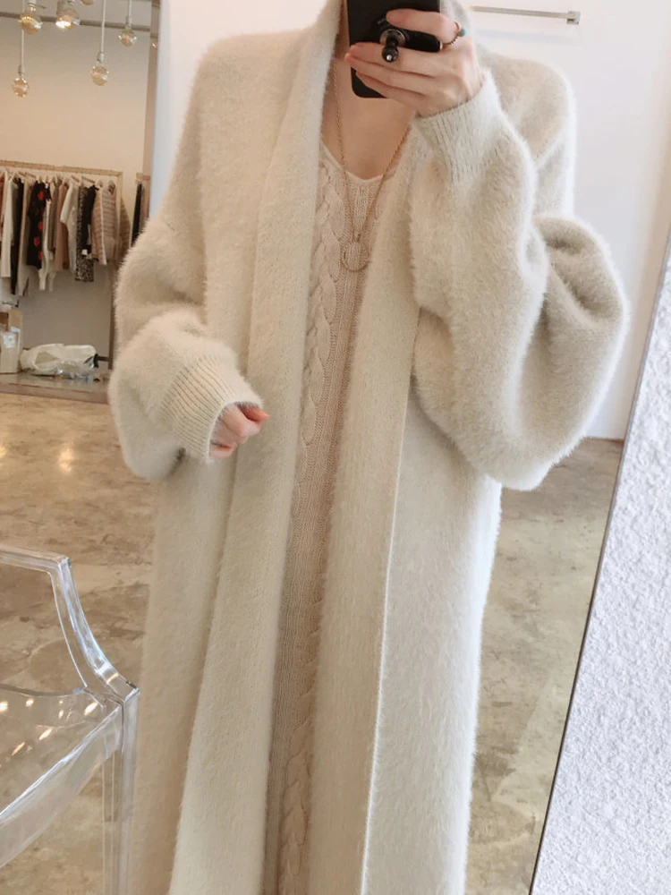 White Long Cardigan Women Korean Fashion Elegant Knitted Fluffy Sweater Female Autumn Winter Vintage Sweet Casual Loose Cardigan