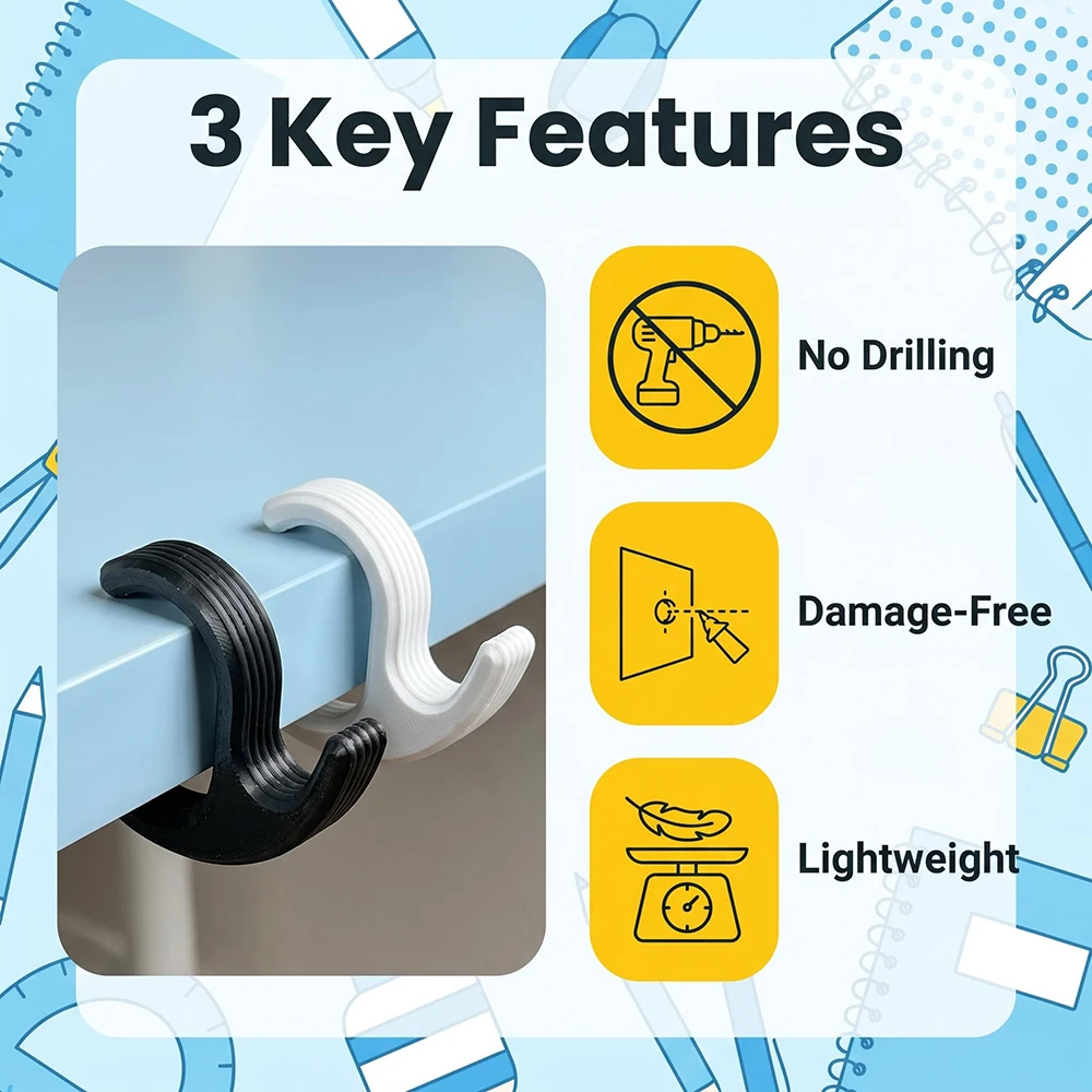 2-Pack Universal Desktop Hooks, Suitable for 15–35 mm Desktops. Bag Hooks Can Be Used to Hang Backpacks, Handbags, Helmets, and Are Gravity-Mounted Without Nails. Easy to Install