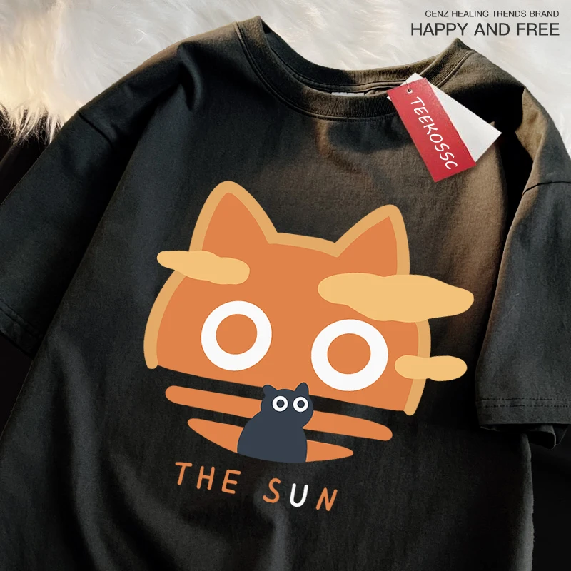 Asian Size The Sun Orange Cat Fun Japanese Style Male Cotton O-Neck T-Shirt Summer Loose Oversize Clothes Brand Short Sleeve